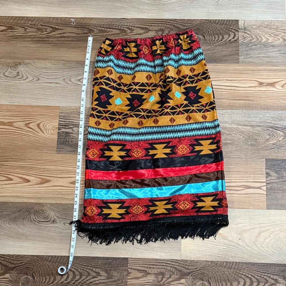 Boho Tribal Print Elastic Waist Midi Skirt in Red, Turquoise & Mustard